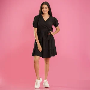 Puff Sleeve Tiered Wrap Dress