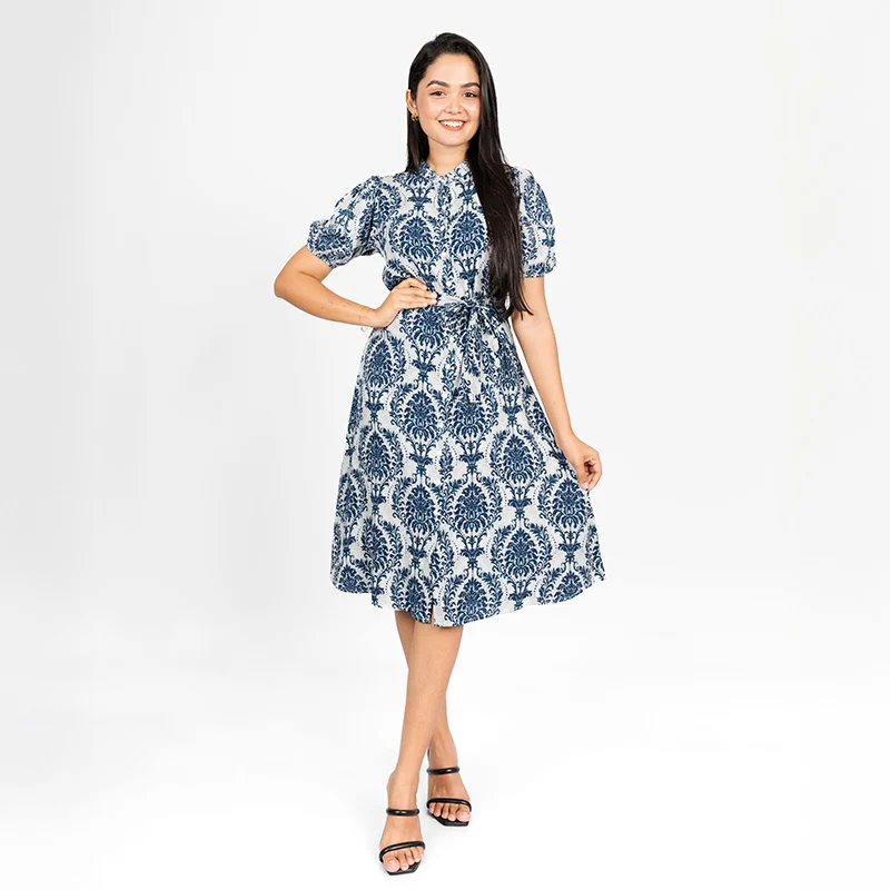 Vintage Bloom Puff Sleeve Midi Dress