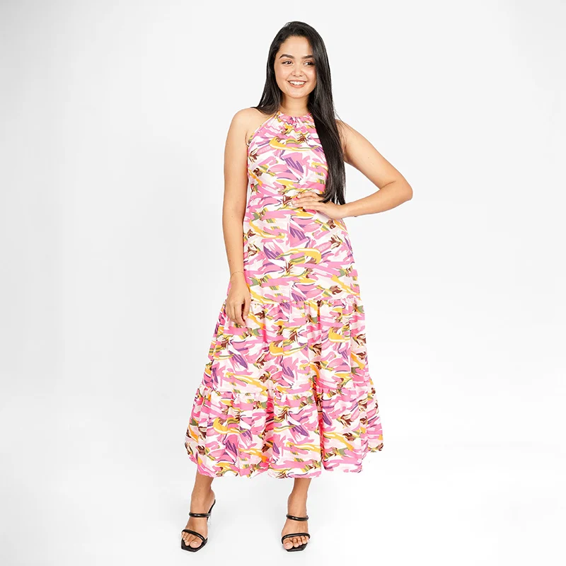 Tropical Tiered Halter Midi Dress