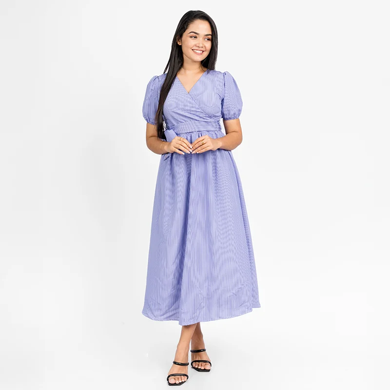 Stripped Wrap Midi Dress